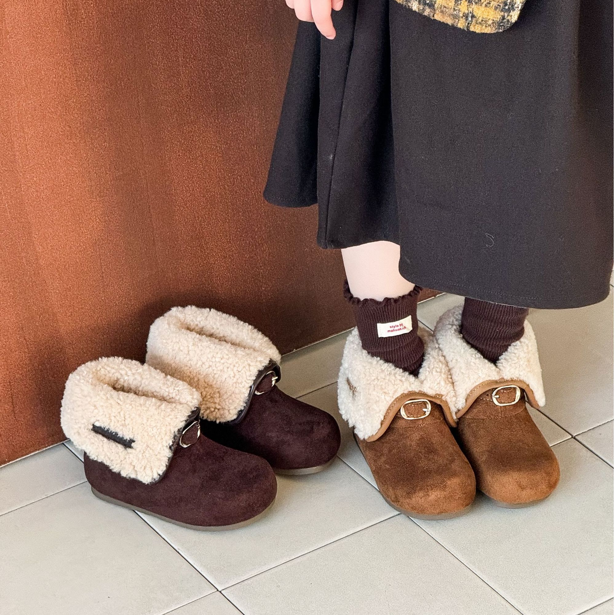 NOISY TEDDY女童复古短靴2025冬季加绒日韩博肯鞋两穿儿童雪地靴