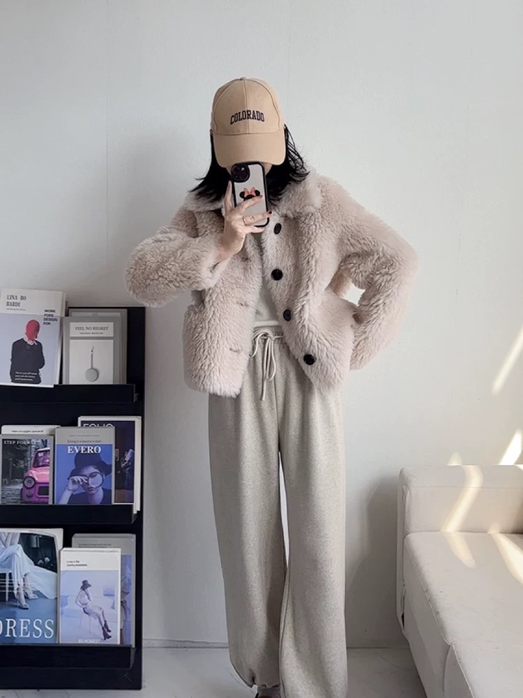 韩系2025冬季新款纯羊毛长袖小香风短外套慵懒风宽松厚款