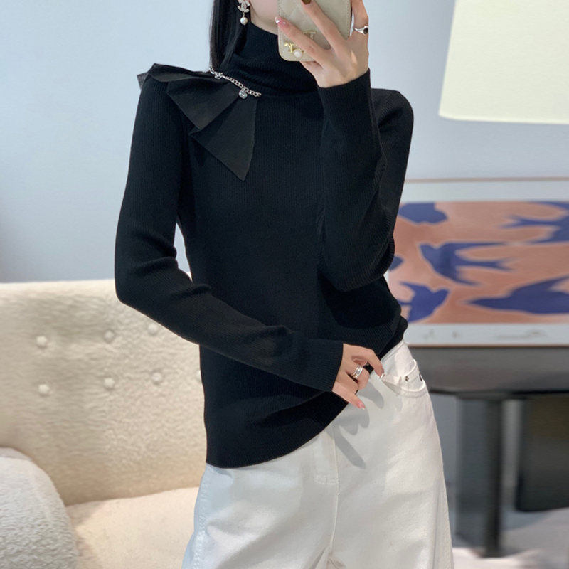 韩系时尚针织衫2025秋冬新款设计感高领拼纱羊毛上衣百搭打底衫女