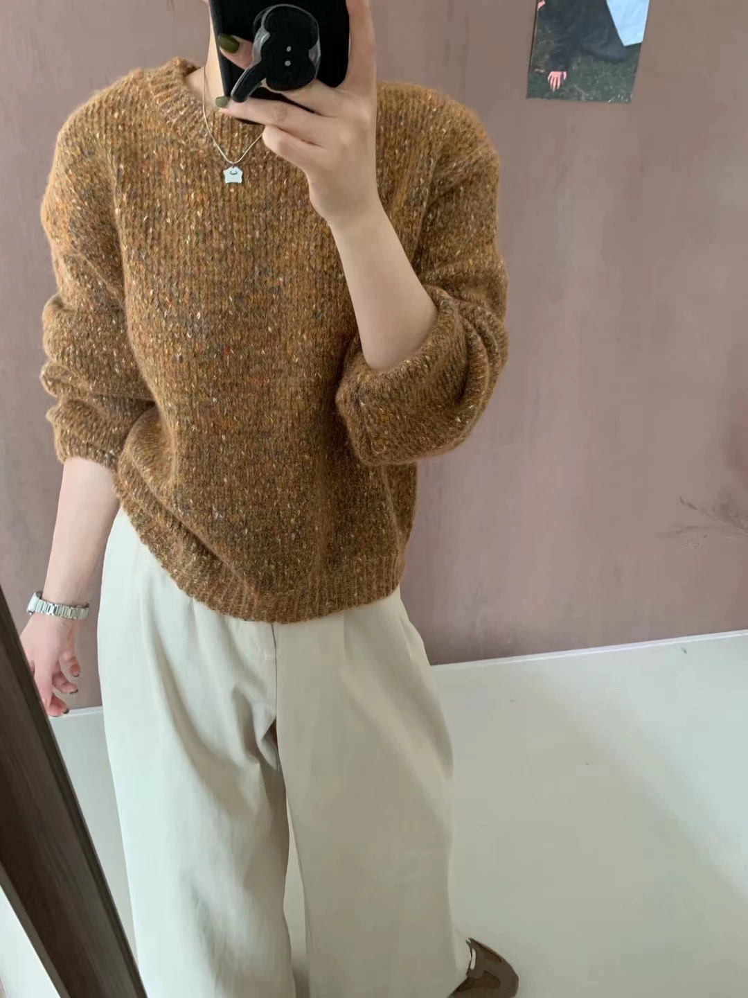 韩版圆领花纱套头毛衣女2024秋冬新8511