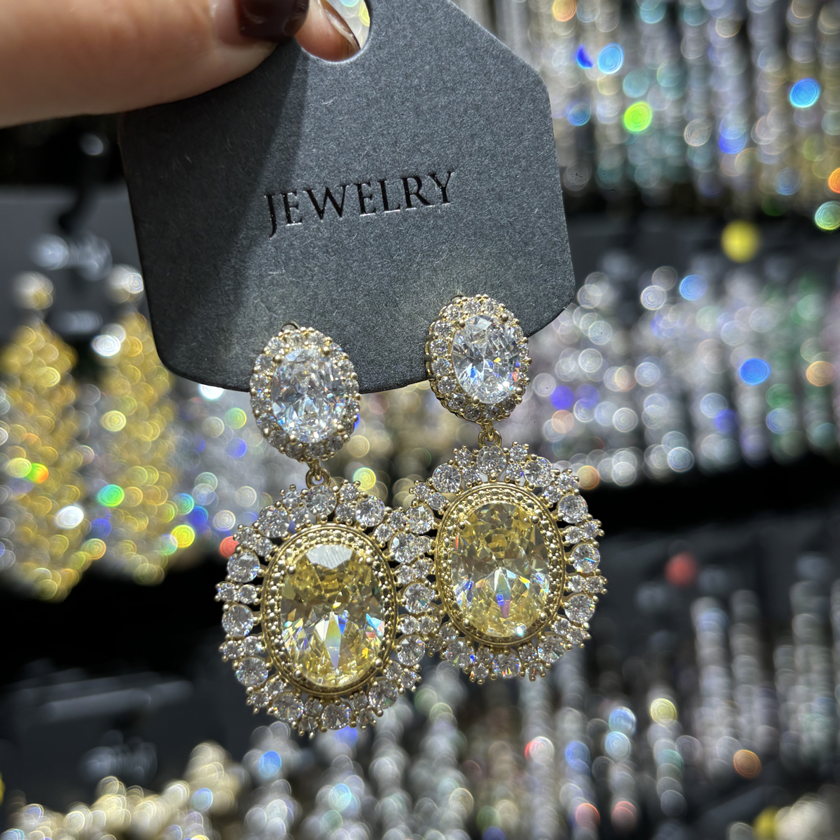 铜合金锆石耳饰 黄色椭圆镶钻奢华甜美风耳环耳饰优雅精致百搭