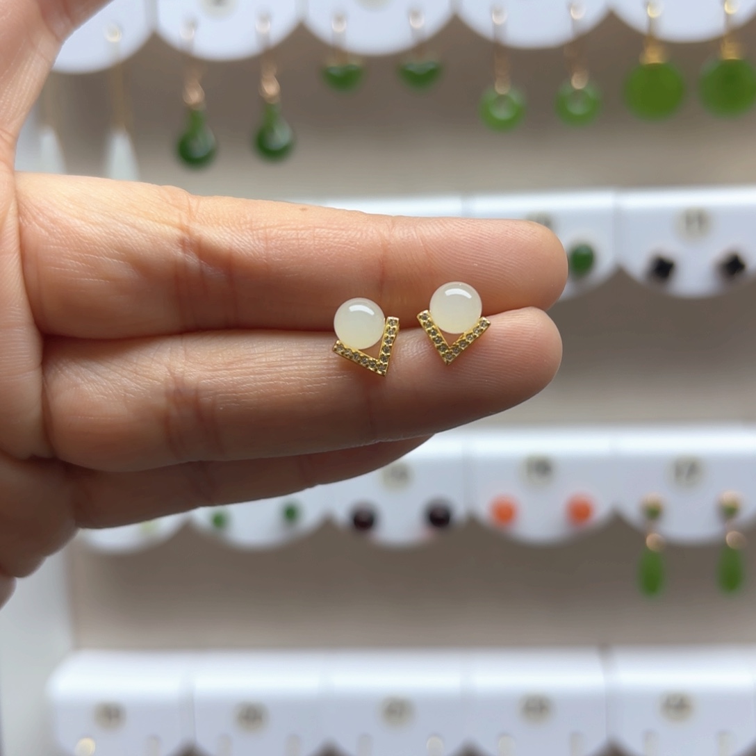 和田玉耳饰银S925镶嵌