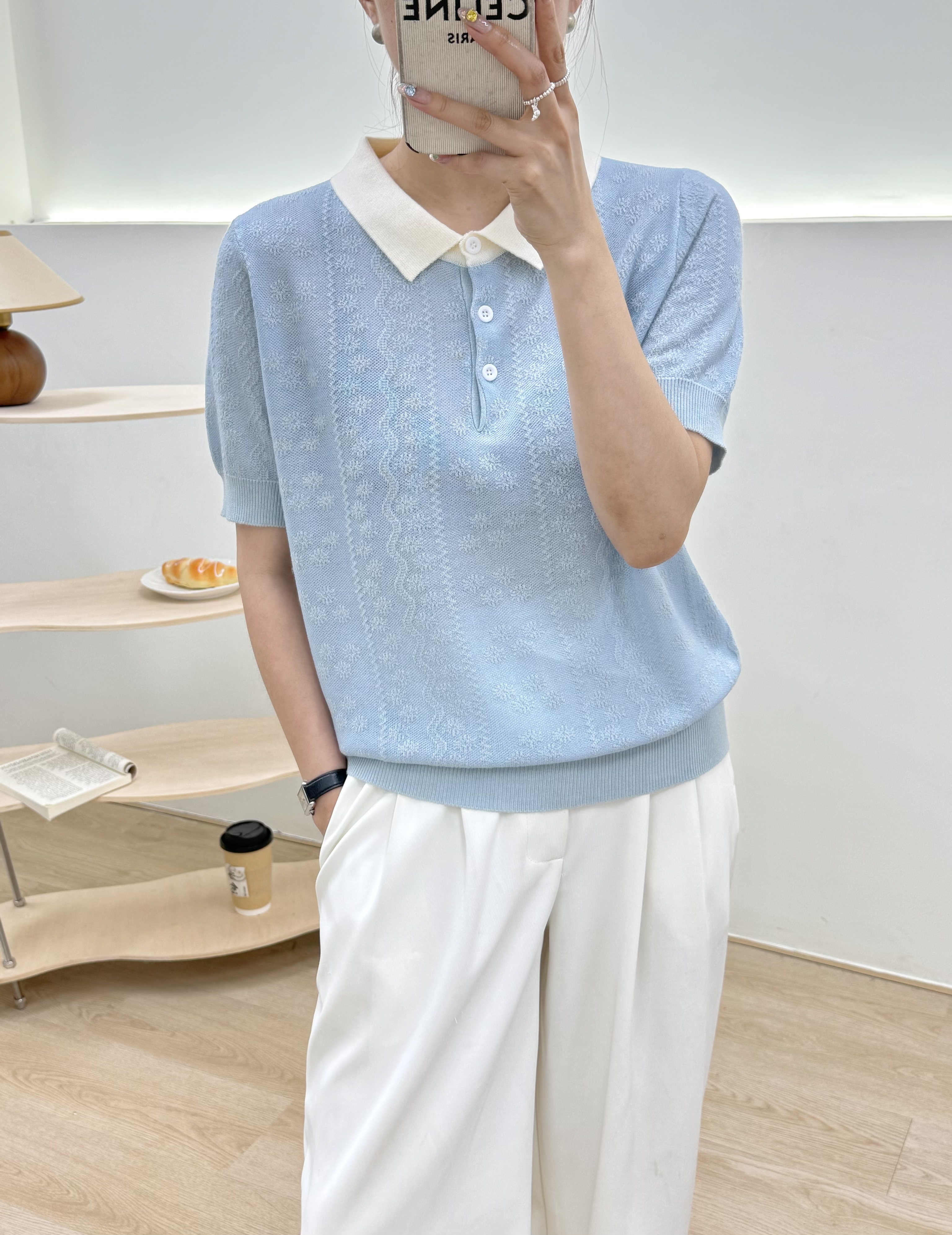 【冰川】夏季POLO领精致浮雕钩花针织衫