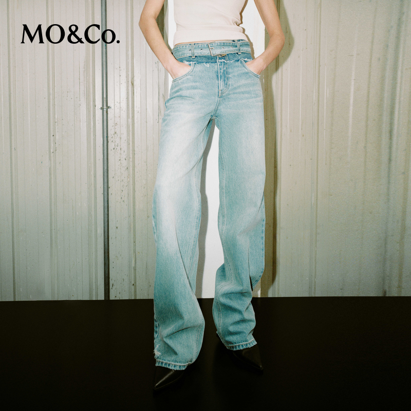 【赵老板专属】MOCO春双裤腰拼接低腰蓝色牛仔裤MBD1JENT10