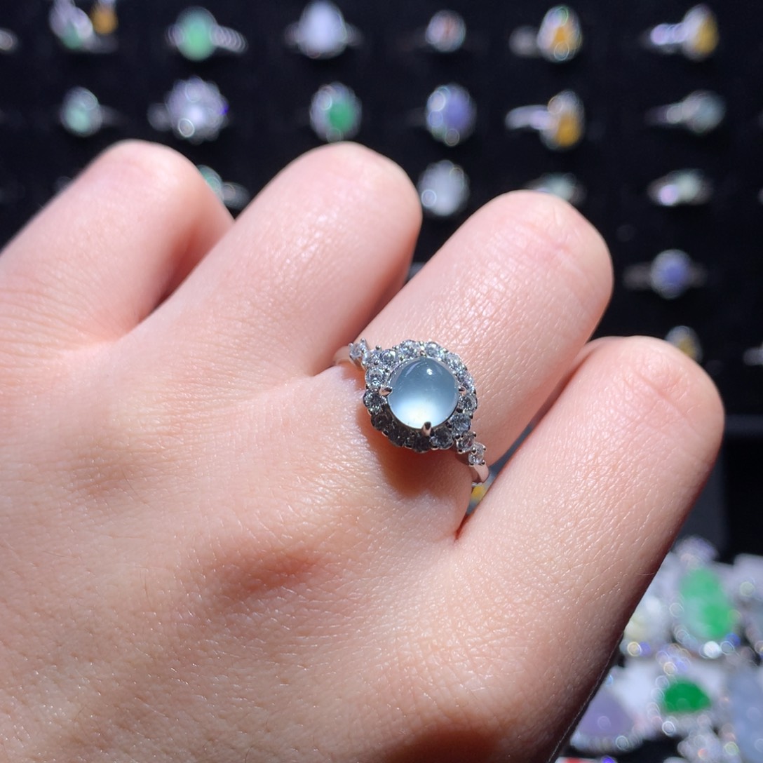 翡翠戒指银S925镶嵌天然翡翠