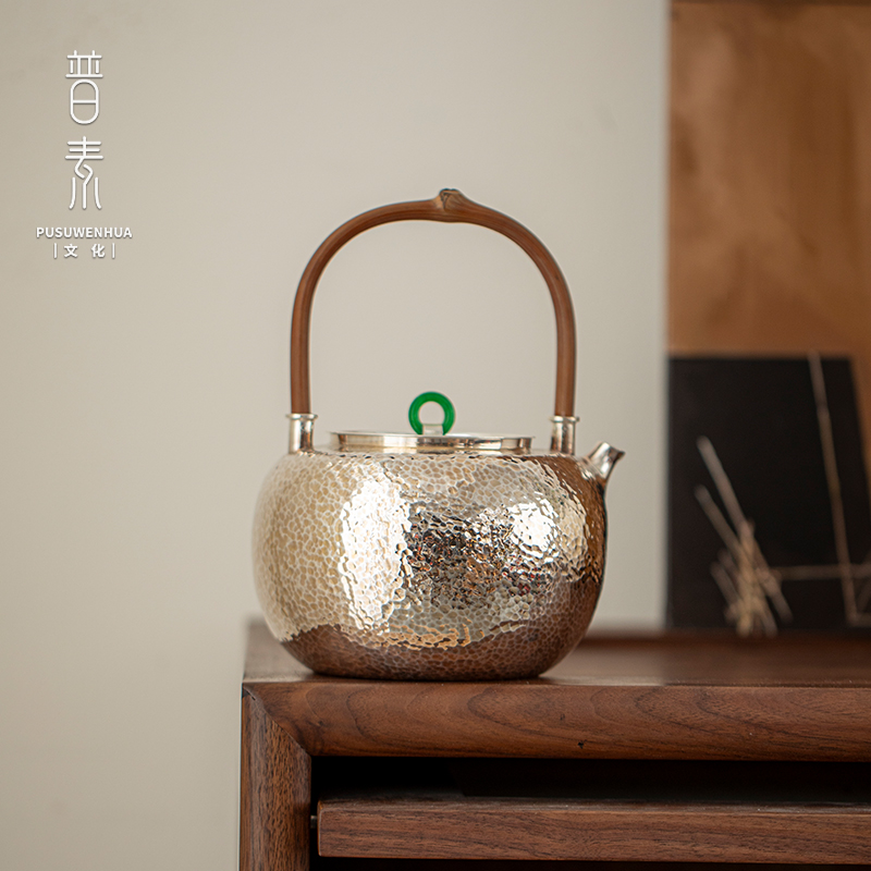 普素 锤纹提梁壶手工一张打银水壶木把隔热纯银999烧水壶中式复古