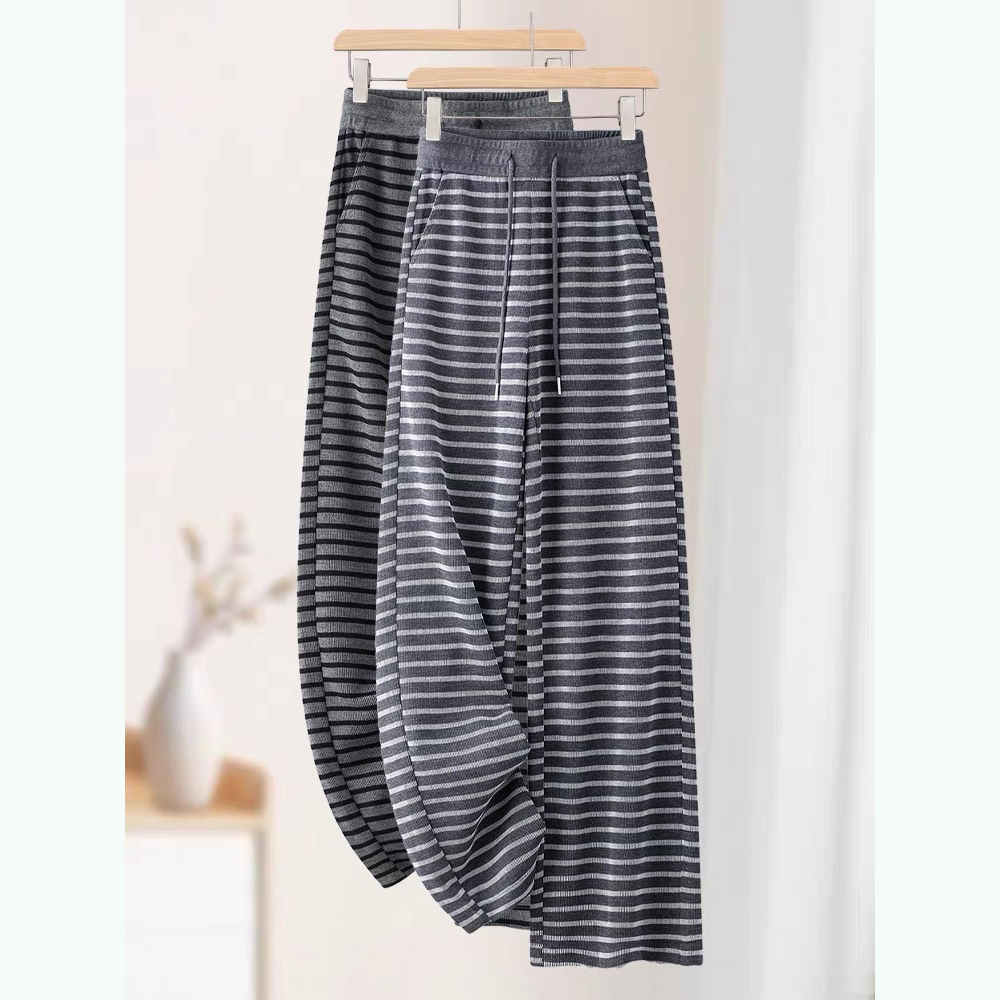 慵懒风松弛感抽绳条纹春季阔腿裤修饰腿型窄版直筒裤休闲裤