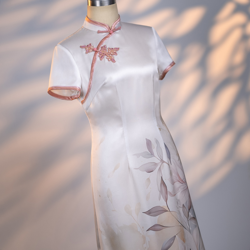 手工旗袍56590 56724 金吴针旗袍醋酸改良A字裙气质显瘦中长款