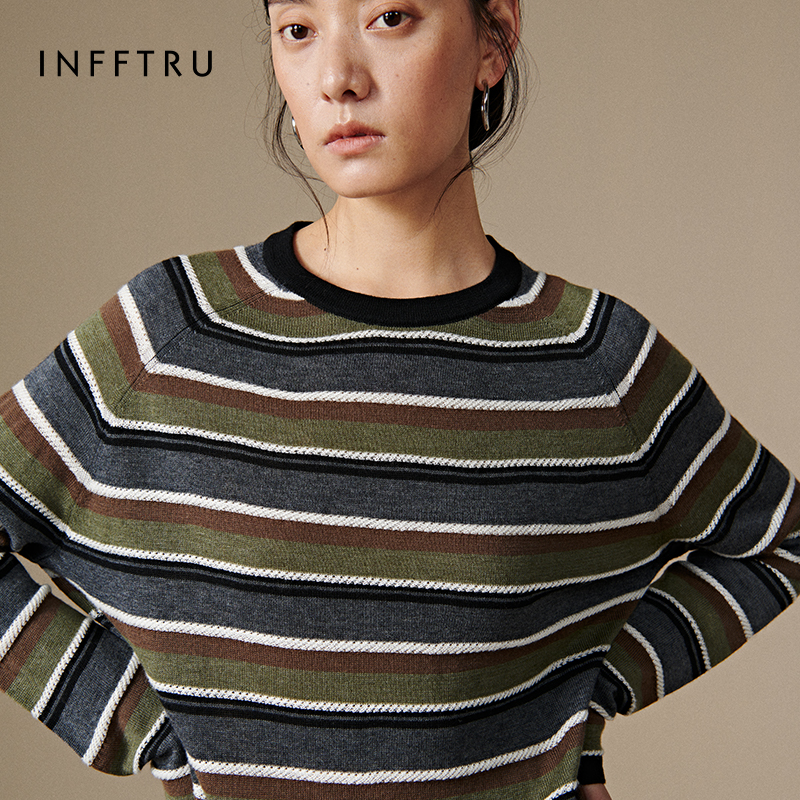 INFFTRU/2025冬季新款条纹毛衣复古简约休闲百搭圆领针织衫女装