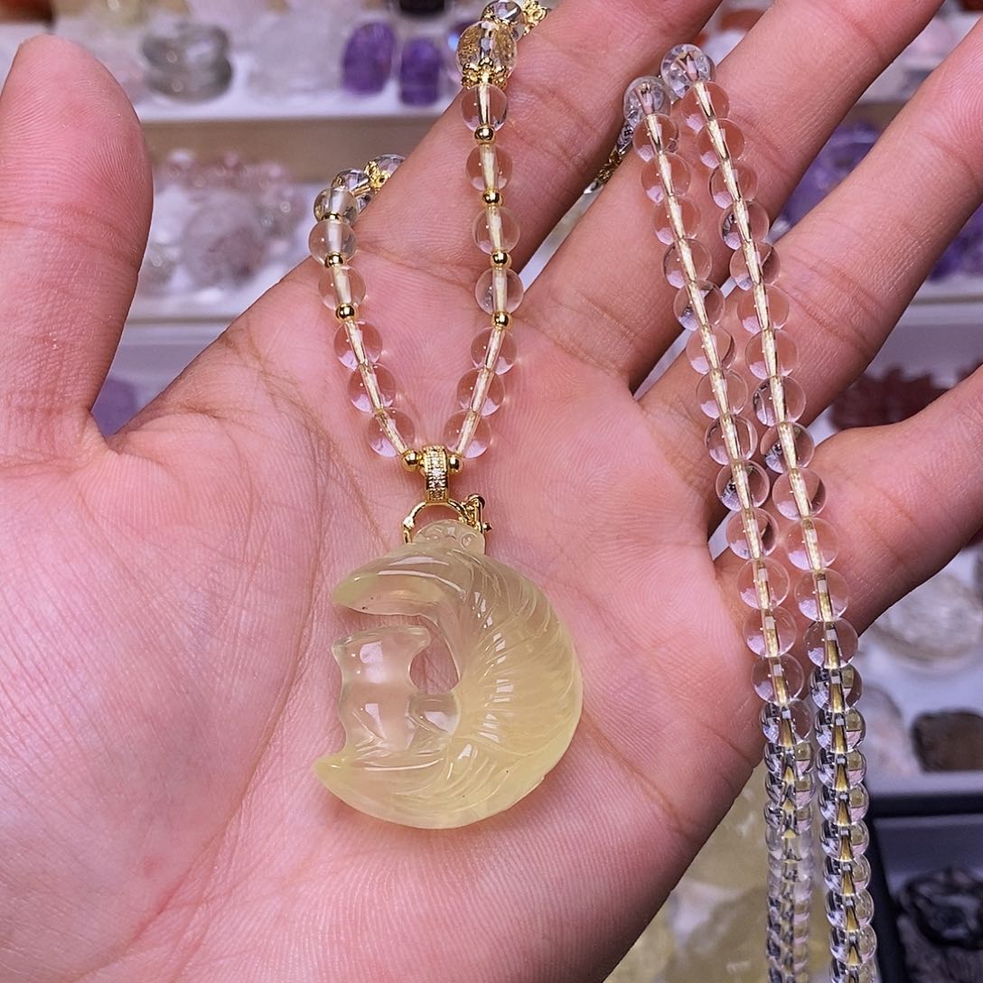 未镶嵌颈饰水晶黄水月亮狐吊坠 送链子