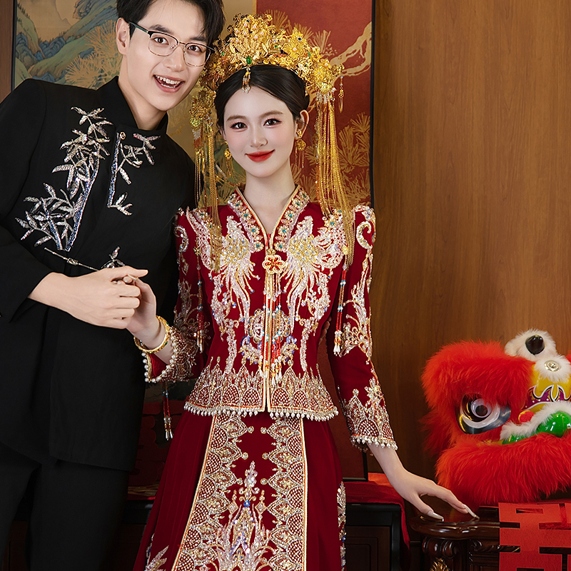 高端秀禾服2025新款中式新娘婚服结婚敬酒嫁衣重工丝绒出阁服显瘦