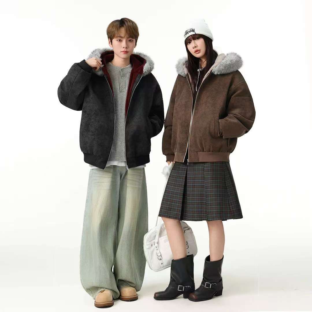 座山雕仿兔绒加厚冬款外套冬季新款连帽棉服荔枝纹皮男女毛领棉衣