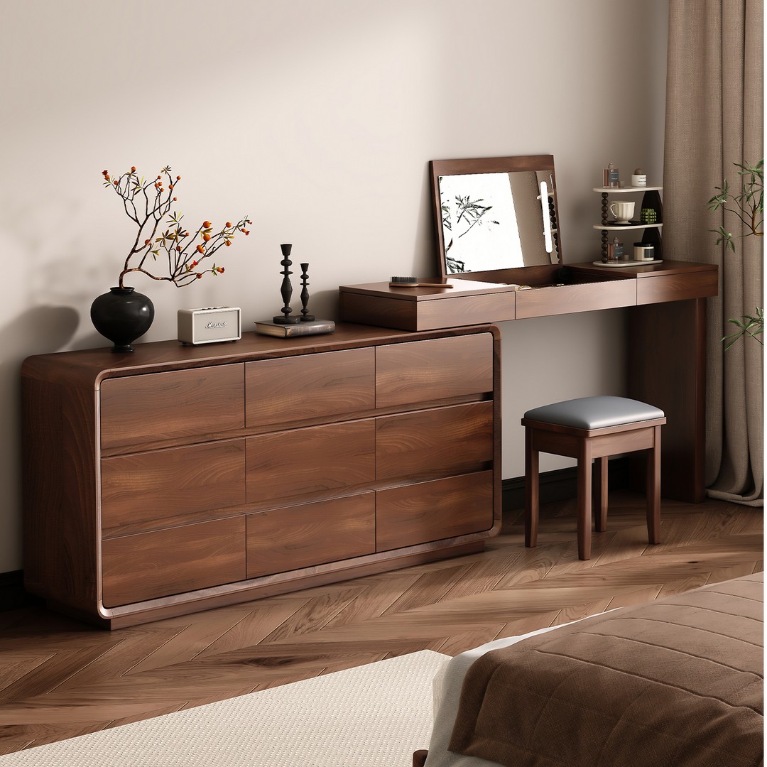 新中式翻镜式化妆桌实木生态板卧室床尾化妆品收纳柜小户型梳妆台