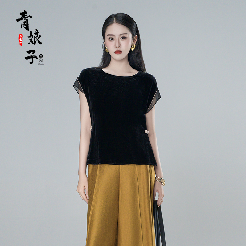 青娘子100真丝（茗昭）丝绒老钱风新中式气质时尚套头圆领上衣61299