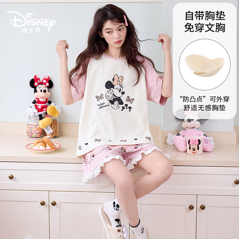 Disney/迪士尼夏季套头短袖短裤纯棉带胸垫休闲卡通家居服0277