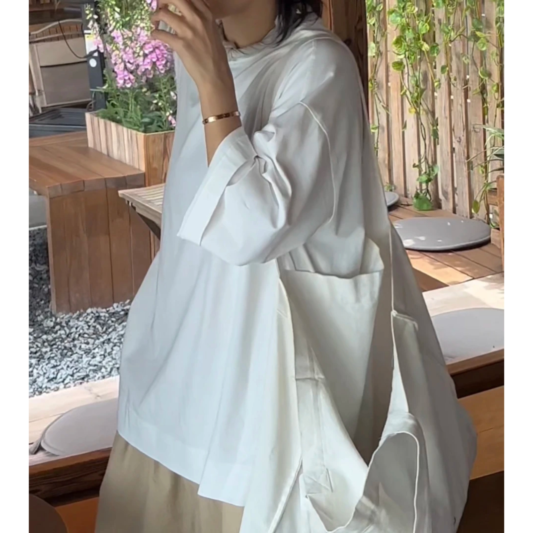 【流风】薄款圆领宽松侧开扣中袖T恤上衣