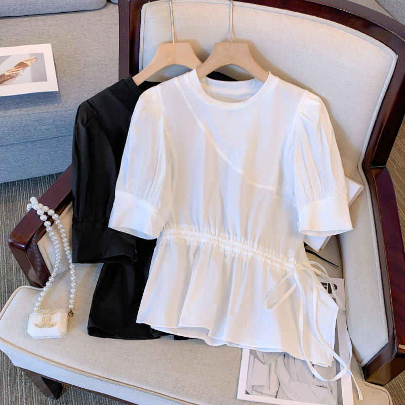 4084大码女装胖妹妹时尚设计感小众收腰显瘦小衫 韩版上衣2421