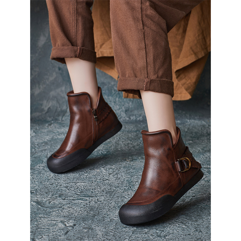 秋冬（E3）新款手工真皮复古圆头高帮鞋软底短靴侧拉链女靴606-2