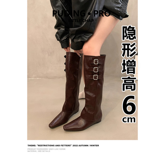 内增高牛皮棕色美拉德长筒靴女靴子春秋季小个子西部牛仔靴可拆卸