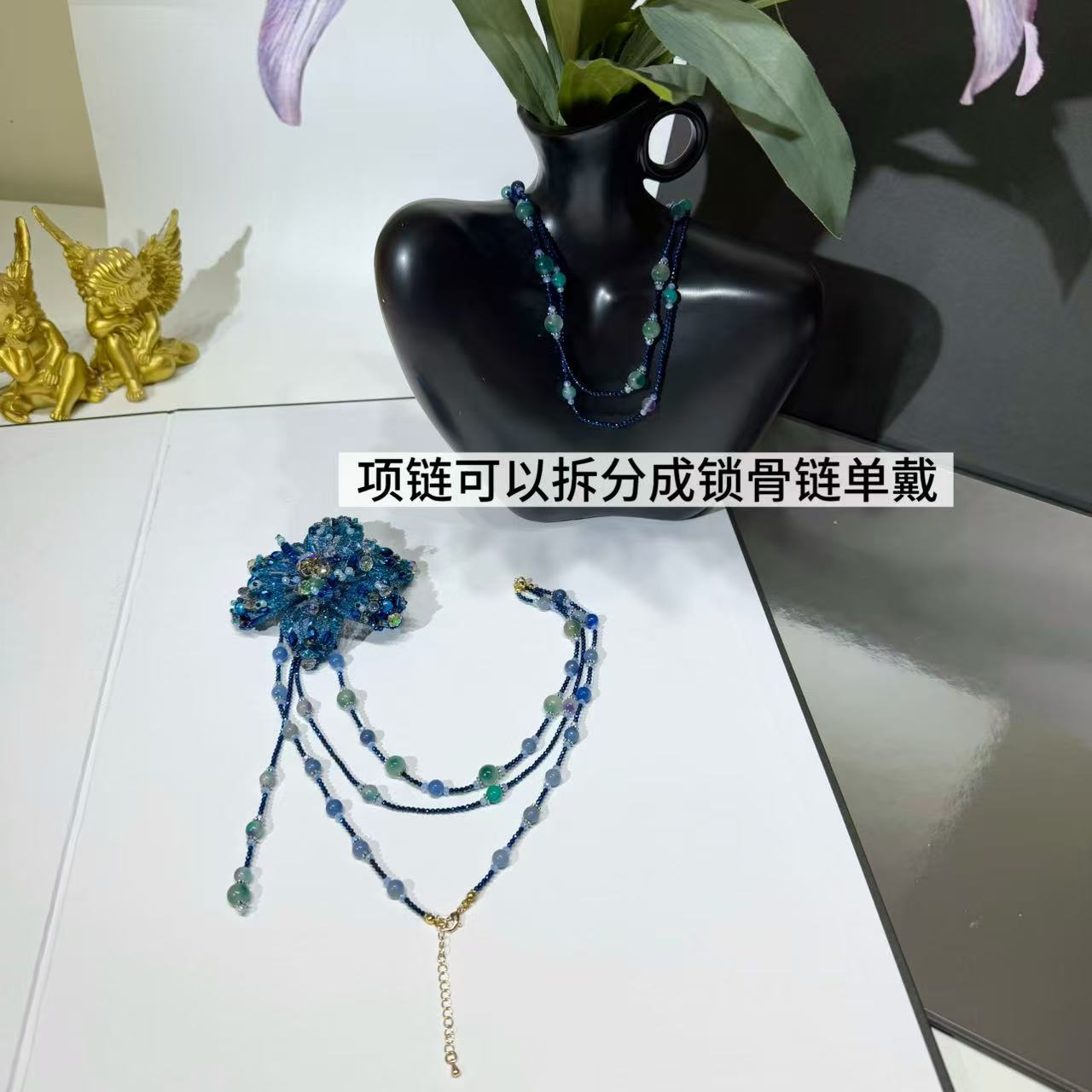 非金属合成锆石项链 【莫奈海之星】蝶影湛蓝系列项链小众设计气质