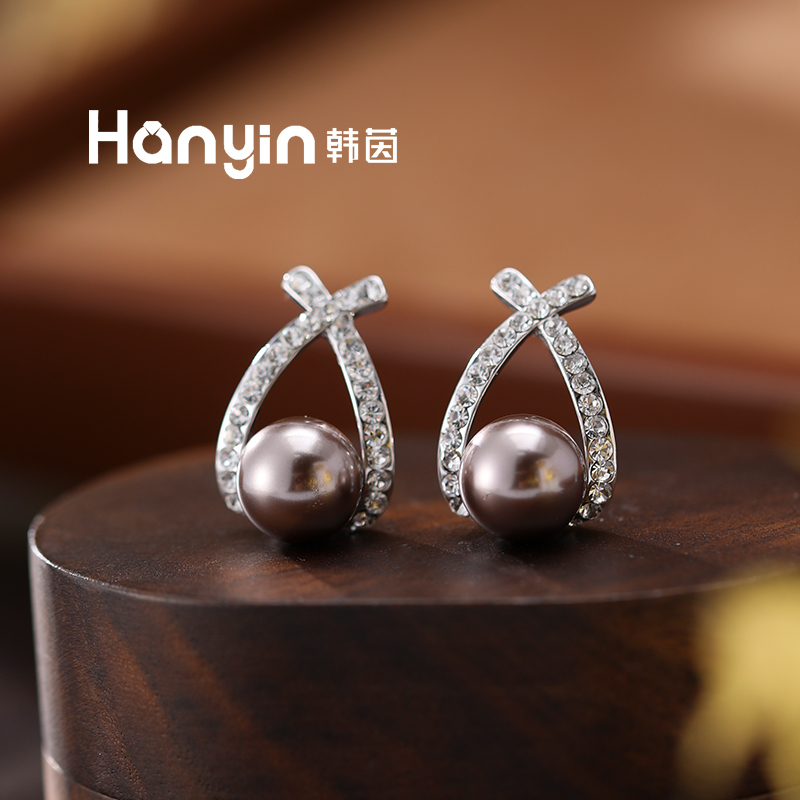铜合金仿珍珠耳饰 925银针 韩国进口摩卡金棕珠珠人鱼水滴耳钉
