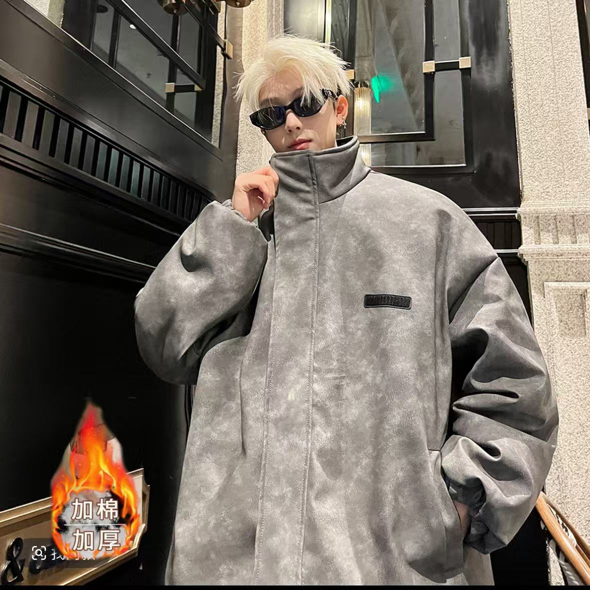 情侣美式复古扎染PU皮棉服男秋冬痞帅潮流棉衣高级感立领二棉外套