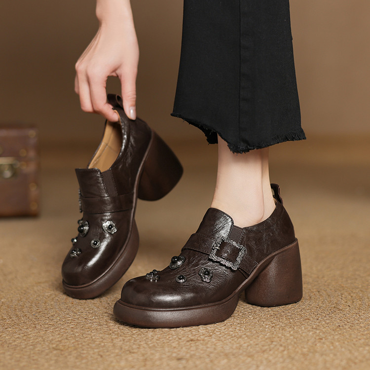 8厘米粗跟厚底复古铆钉乐福单鞋女新款英伦风小皮鞋2025春秋新款