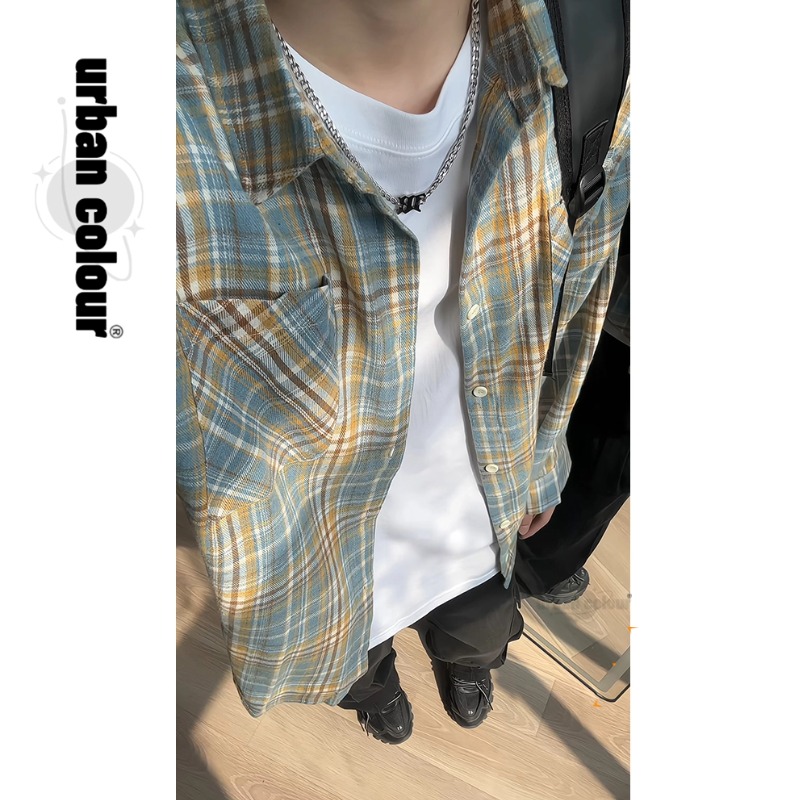 复古格子衬衫男生宽松春秋装学生休闲上衣服叠穿长袖衬衣外搭外套