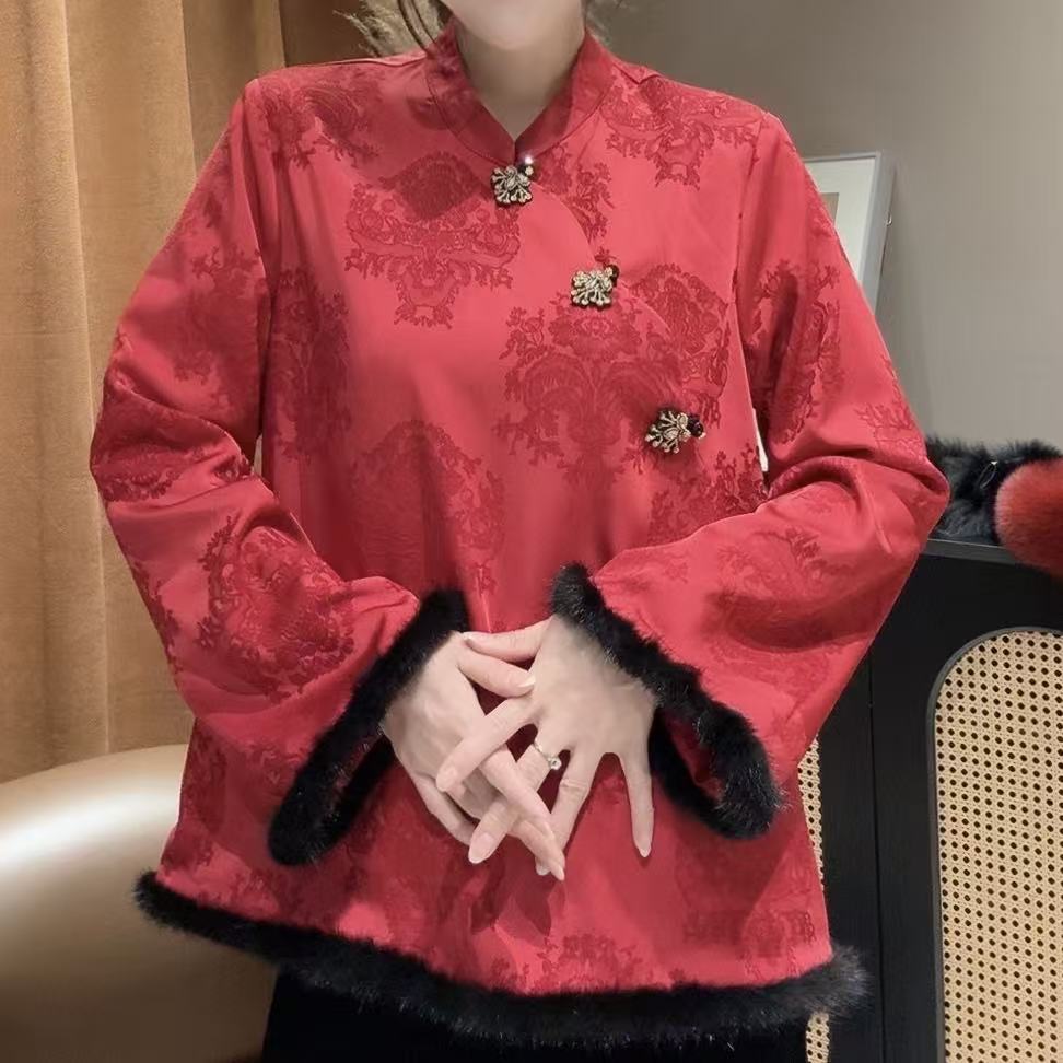  QNH-重缎提花拼接貂毛边长袖新中式上衣