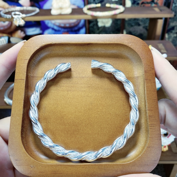 足银手镯 足银66号【时空交织】麻花镯足银999纯银实心开口手镯39克