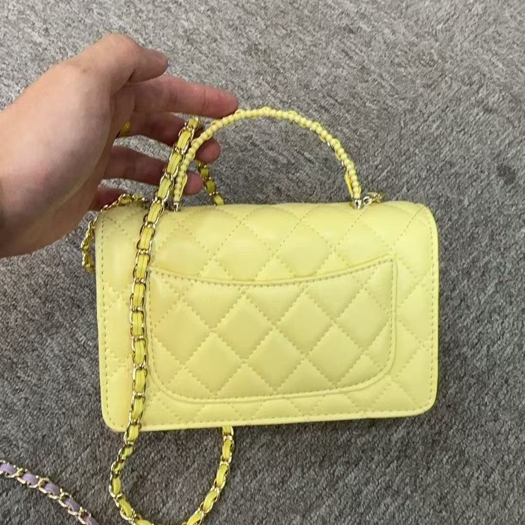 2025新款真皮女包方格手柄黄色6838