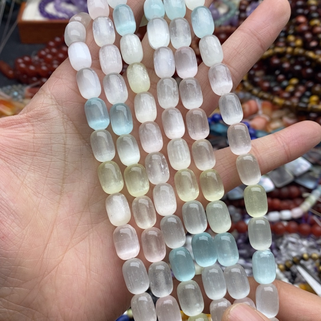 玛瑙/玉髓未镶嵌珠宝半成品一条8×12石膏彩猫眼胶囊桶珠