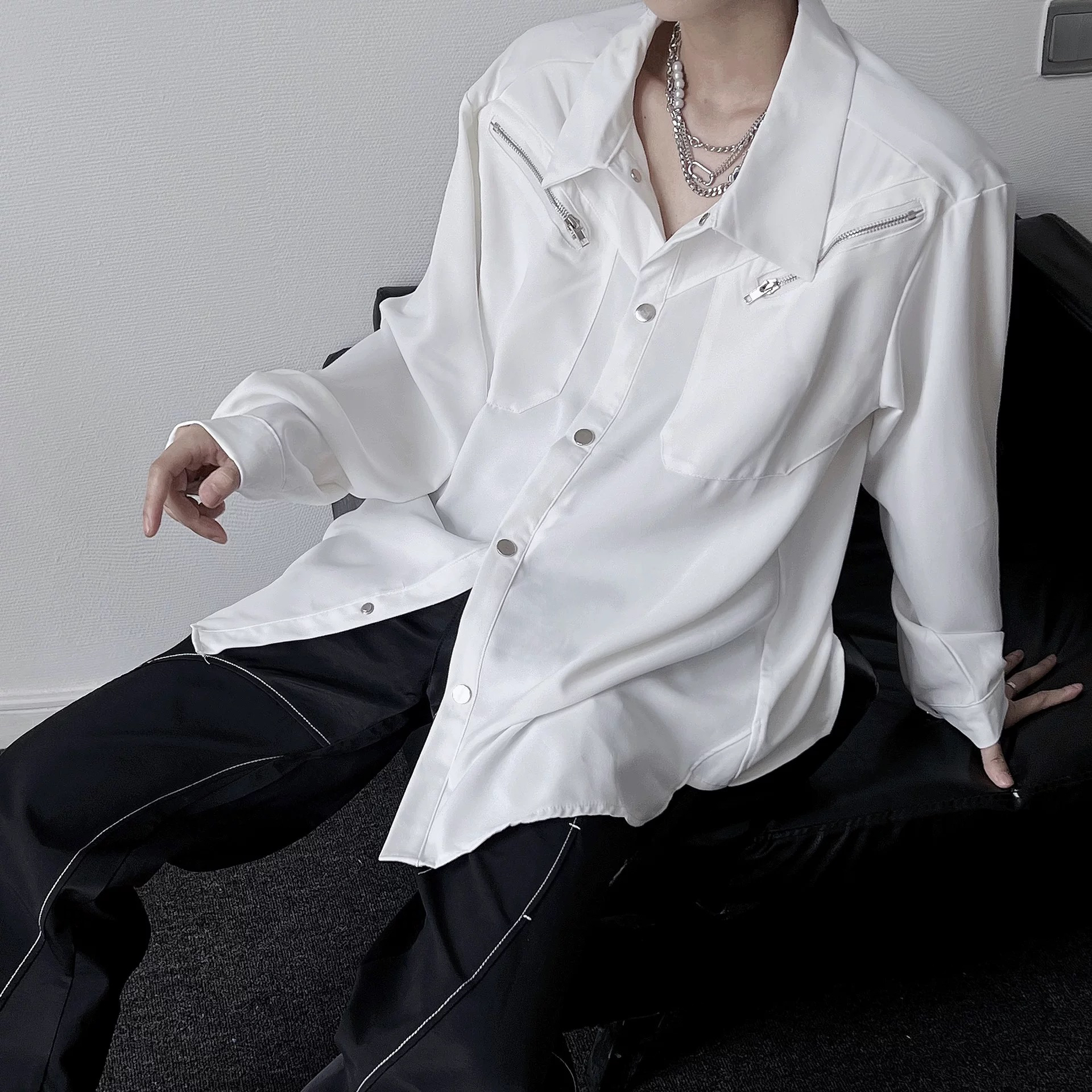小众禁欲系拉链衬衫男款纯色休闲垂感宽松设计感衬衣S174