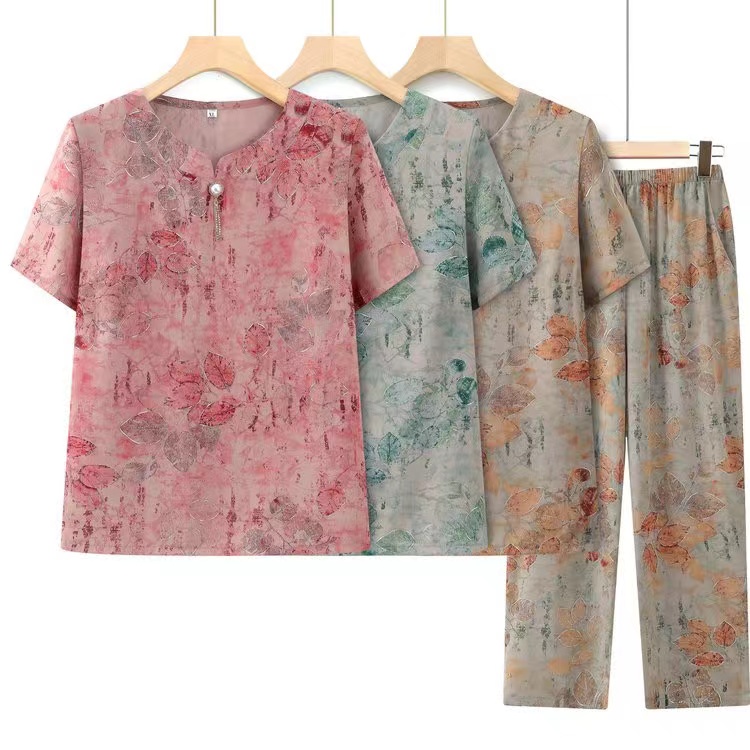 书- 妈妈装夏款短袖洋气套装中老年女装圆领套装奶奶两件套2231