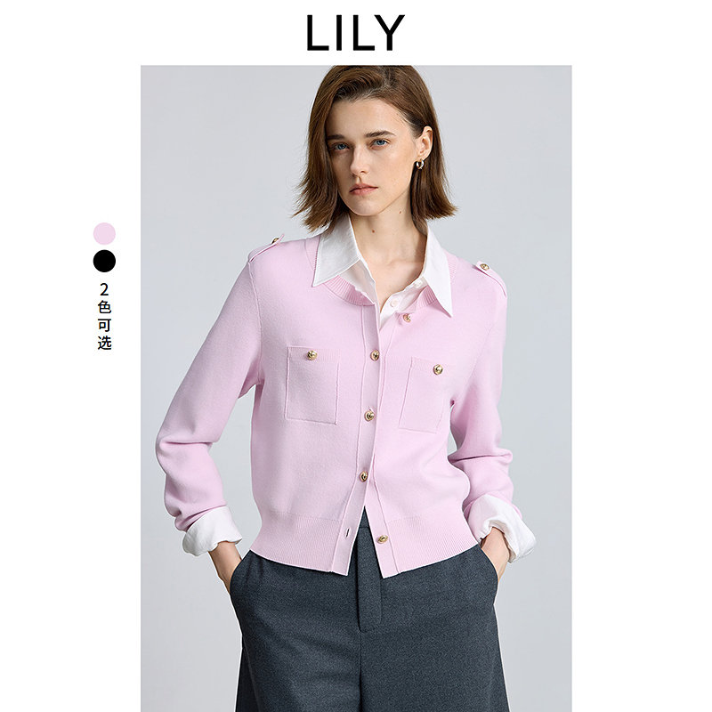 LILY2025冬新款女装气质小香风圆领针织开衫外套短款125409TC952