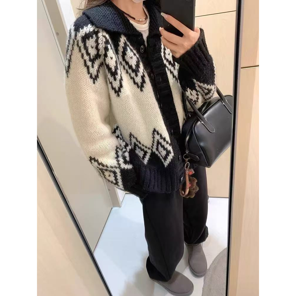 /翻领厚外套/重磅提花复古翻领撞色慵懒宽松毛衣开衫J06