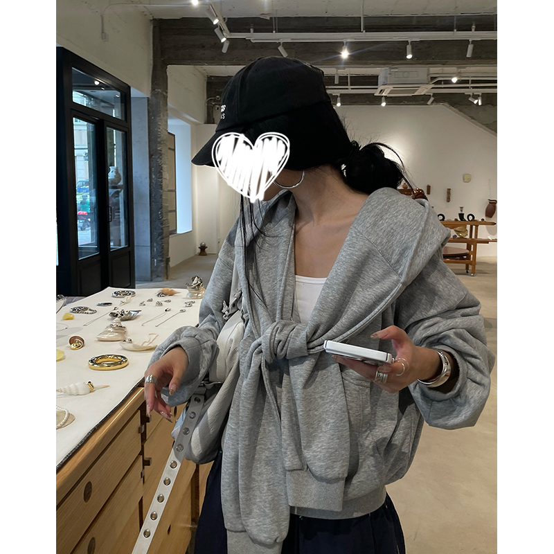 小众设计感灰色披肩袖连帽卫衣美式假两件双层连帽拉链卫衣外套
