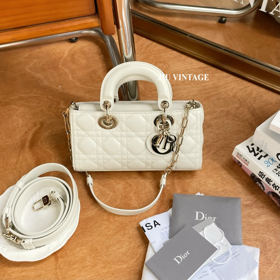 99新 DIOR/迪奥 白金羊皮D-joy 小号戴妃包JM13-0166