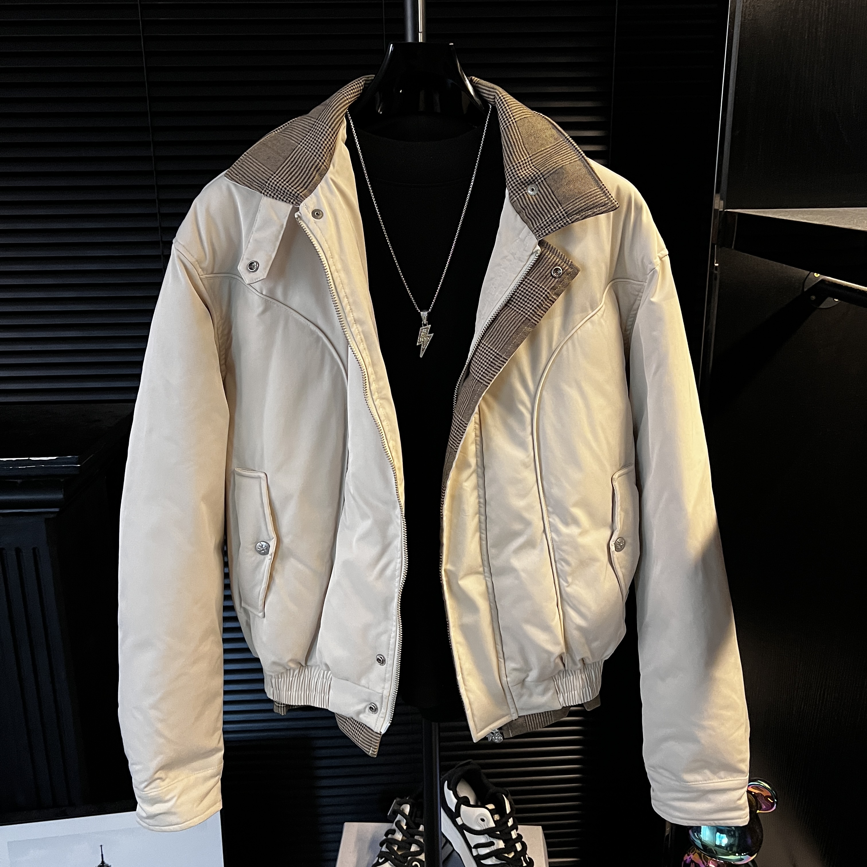 YY-立领格纹撞色哈灵顿夹克老钱风男士外套