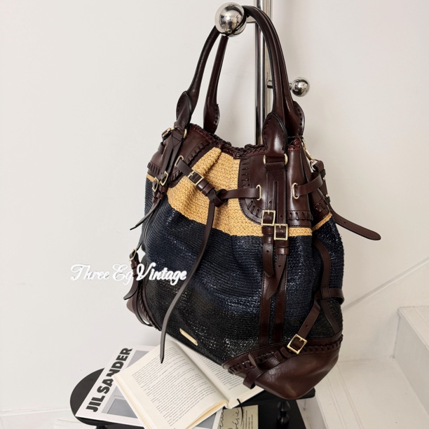 95新 BURBERRY/博柏利 秀款拼色编织拼皮托特斜挎/ThreeEg中古