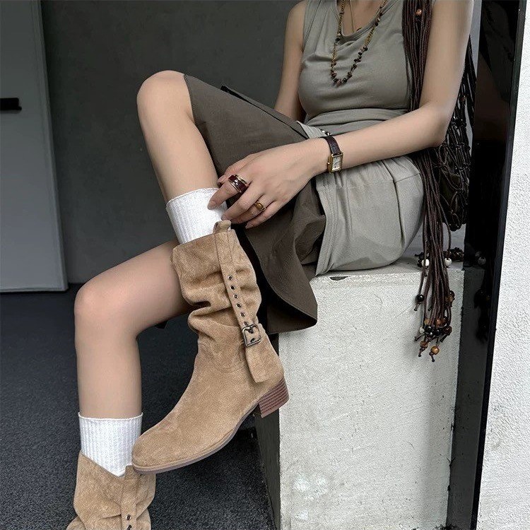 夏季早秋复古显瘦褶皱堆堆靴美拉德中筒靴女粗跟西部牛仔靴短靴