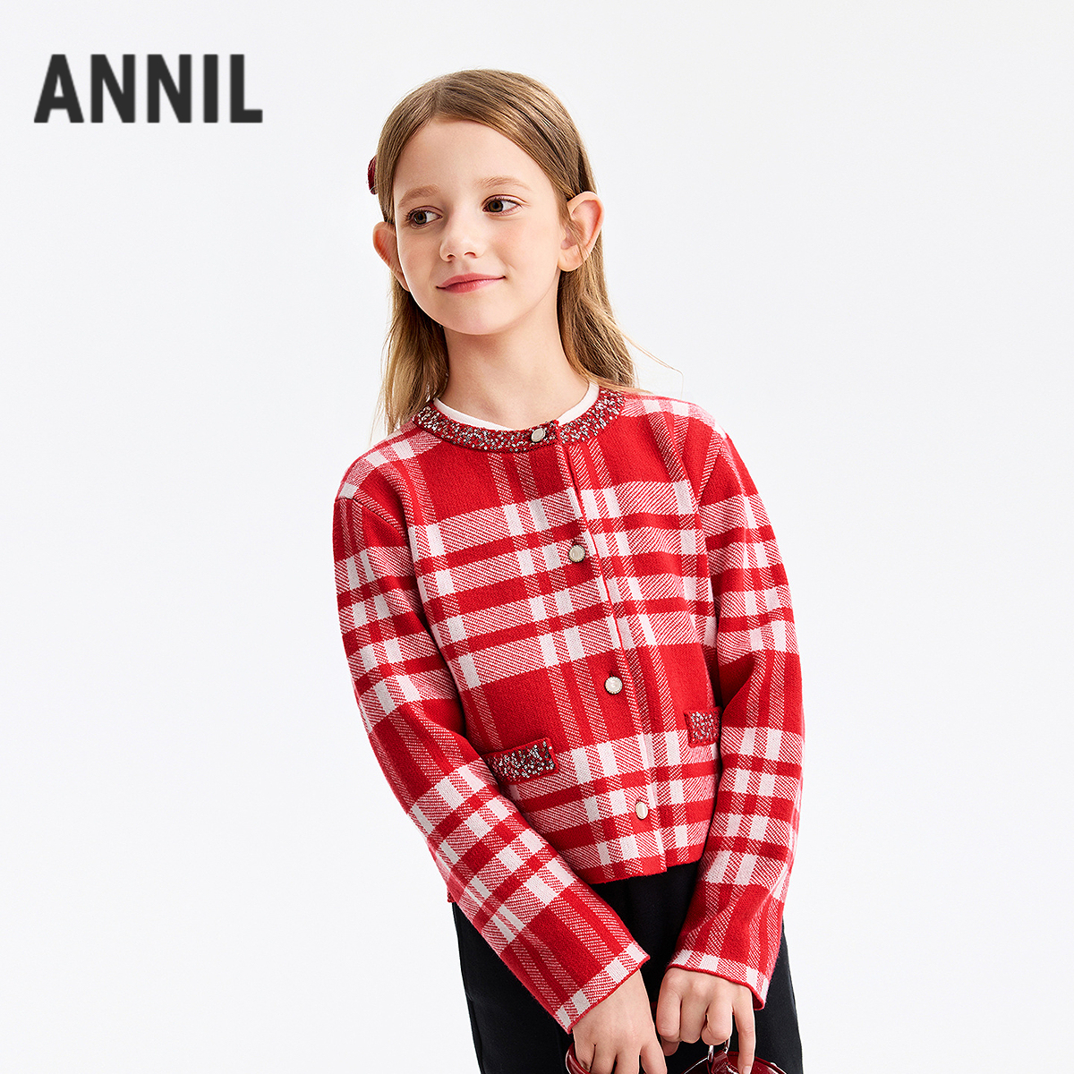 【新年波小香风开衫】女童针织开衫外套春季新款安奈儿童装EG614506