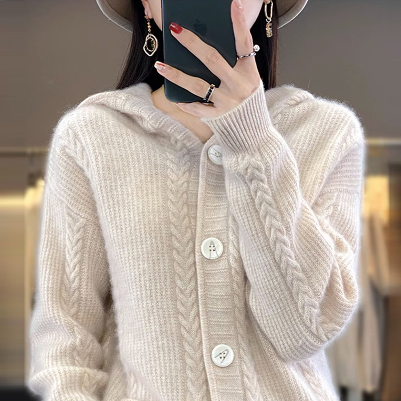 2025秋冬季女款长袖连帽针织衫单排扣外套毛衣上衣韩版宽松轻熟风