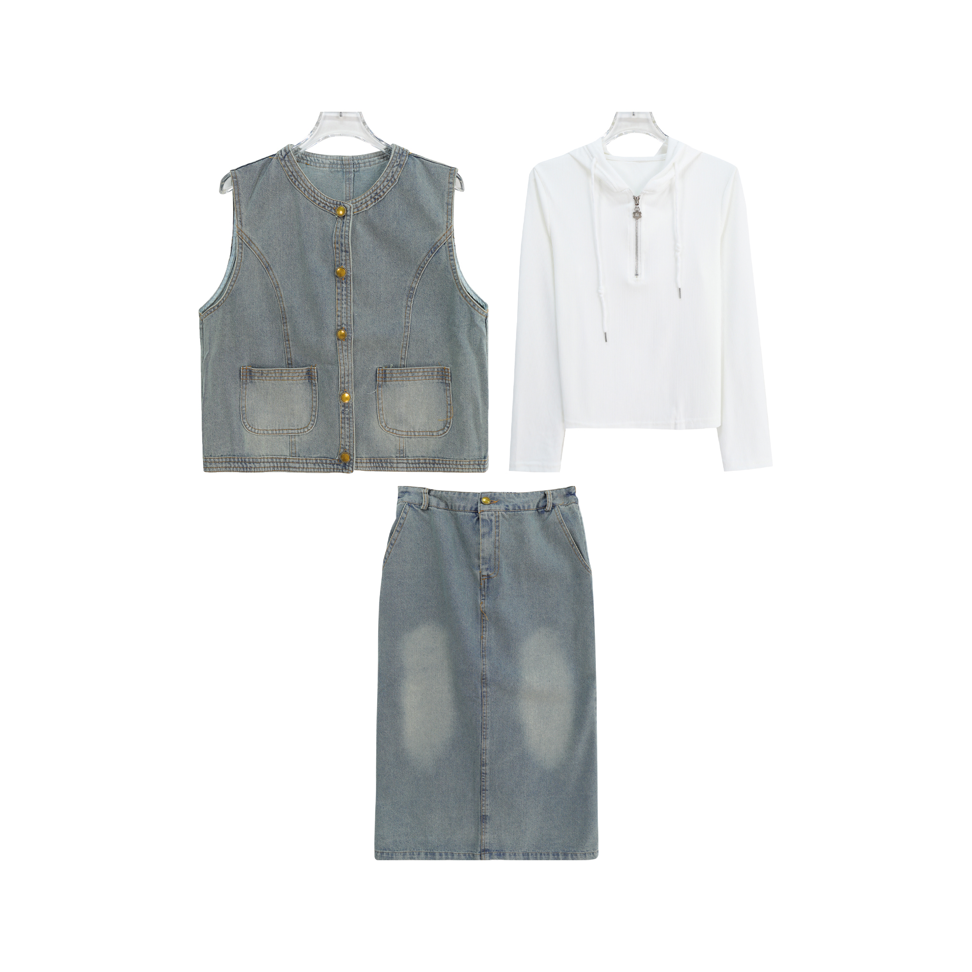 时尚休闲宽松牛仔坎肩带帽打底衫牛仔裙三件套S2680