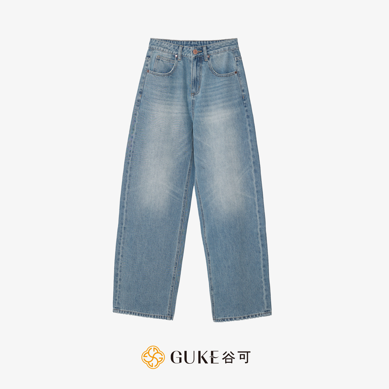 GKE/谷可K1157 休闲牛仔直筒裤女2025新款水洗复古高腰窄版裤子