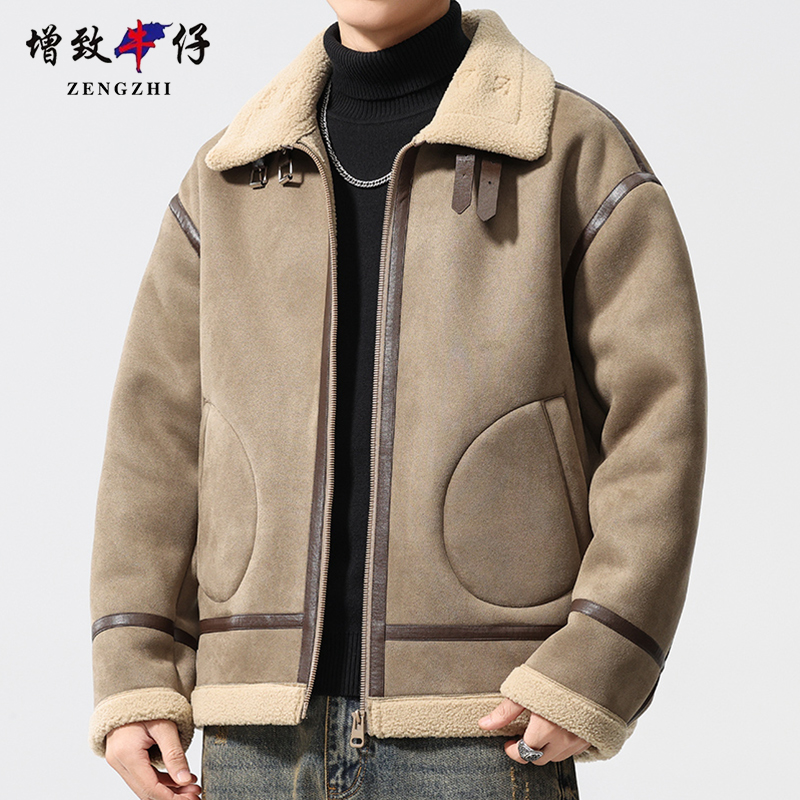 增致牛仔保暖长袖拼接棉服棉衣大衣潮流加厚短款加绒冬季休闲帅气