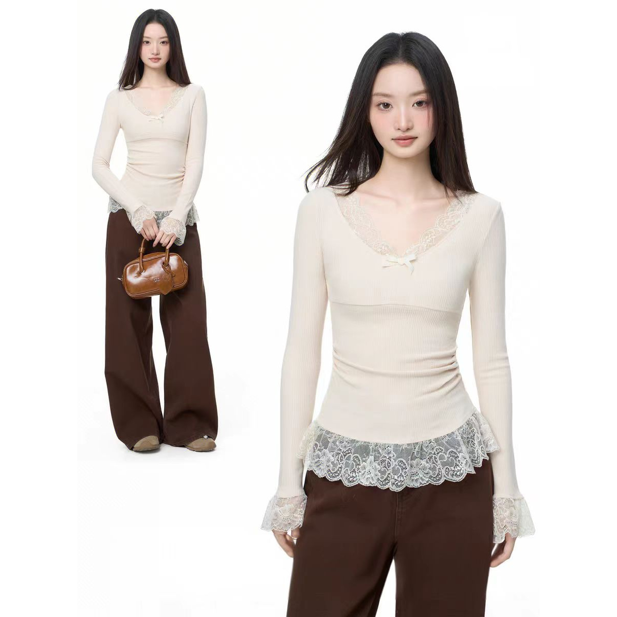 韩系小香风蕾丝边v领长袖t恤女秋冬设计感纯欲BM风内搭打底衫上衣