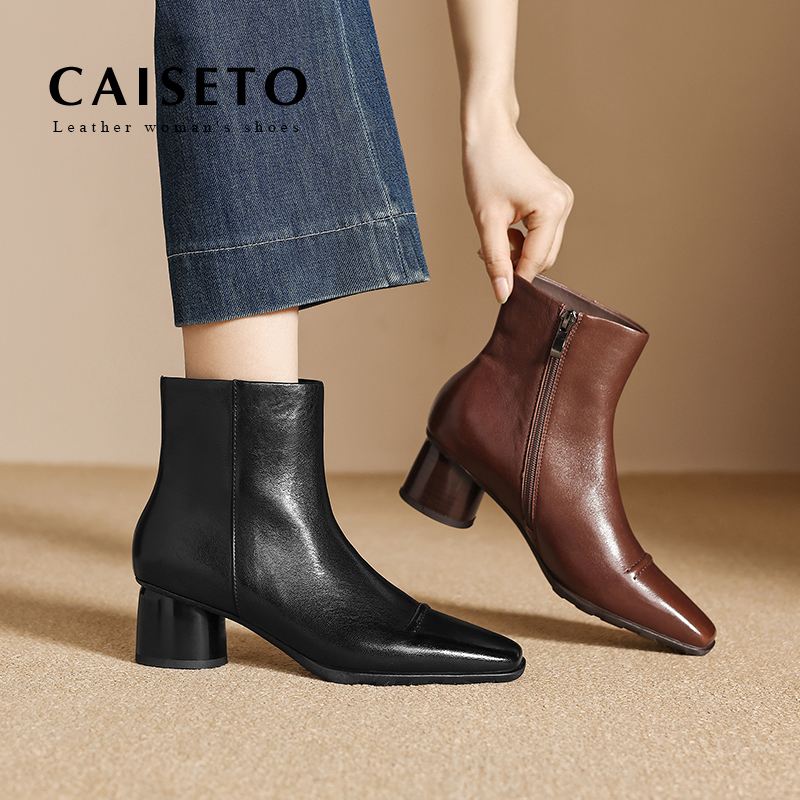 Rohan头层羊皮/4.5cm秋冬新款方头粗跟爆款短靴女黑色马丁靴5X359