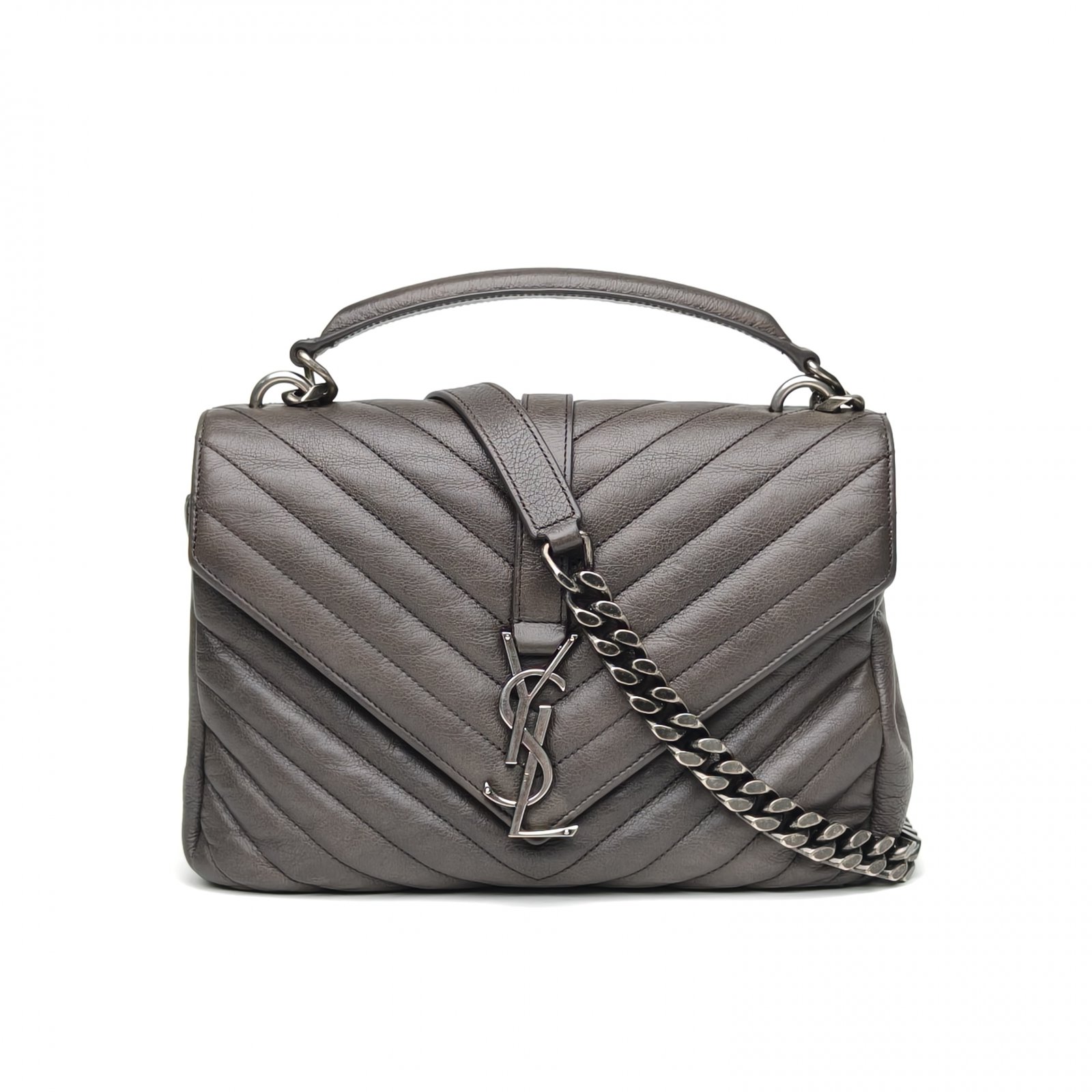 95新 YSL/圣罗兰 【攀攀] 邮差包 中号 深灰 皮革银扣 