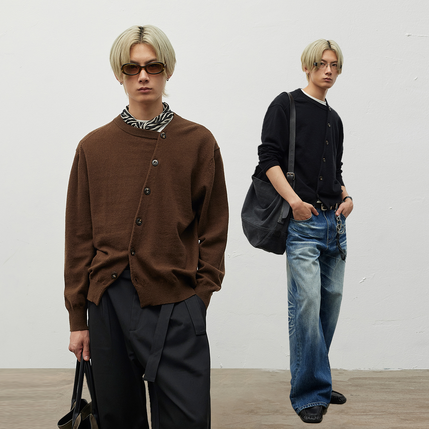 精选羊毛纽扣斜门襟针织开衫毛衣高智感百搭5AW